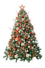 modern christmas tree isolated on white background, decorated with vintage ornaments; ratan balls, b