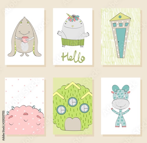 Fotografie, Obraz Set of cute cartoon monsters greeting or invitation cards.