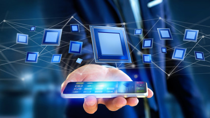 Poster - Businessman using a smartphone with a Processor chip and network connection - 3d render