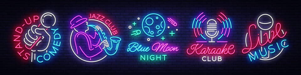 Wall Mural - Set neon signs symbols. Live Music, Jazz Music, Blue Moon Night Club, Karaoke, Stand up logos and emblems. Bright Symbols, Light Banner, Night Bright Advertising, Nightlife. Vector illustration