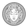 Medusa Gorgon head on a shield hand drawn line art and dot work tattoo or print design isolated vector illustration. Gorgoneion is a protective amulet.