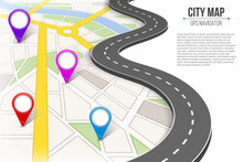 Creative vector illustration of map city. Street road infographic navigation with GPS pin markers and pointers. Art design. City route and infrastructure. Abstract concept graphic element.