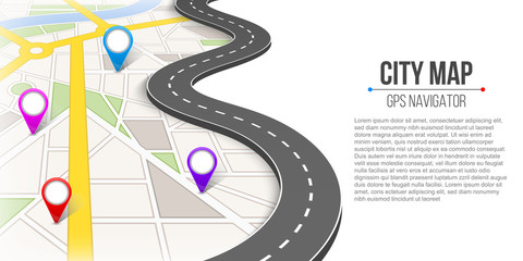 Creative vector illustration of map city. Street road infographic navigation with GPS pin markers and pointers. Art design. City route and infrastructure. Abstract concept graphic element.