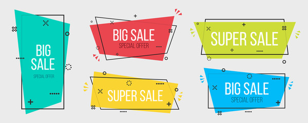 Wall Mural - Creative vector illustration of geometric vector banners. Art design vivid transparent. Trendy flat poster. Green, blue abstract concept graphic element. Memphis style. Season sale template.