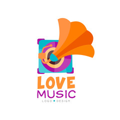 Poster - Bright music logo with gramophone. Old school vinyl recorder. Vector emblem for mobile app, dance school, promo party poster or flyer