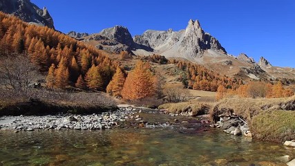 Poster - A river flowing in an autumn colored mountain landscape. Vallee de la Claree, Nevache, France.
