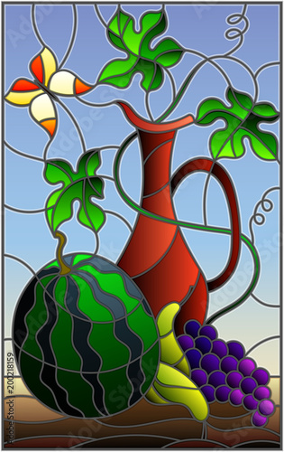 ilustracja-w-stylu-witrazu-z-martwa-natura-owoce-jagody-i-dzban