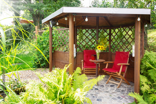 Fotomural Garden Pavilion at the garden pond with sitting area and trellis