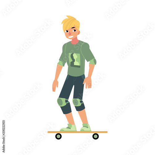 Skateboarding Young Boy With Sports Protection Isolated On White