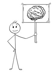 Sticker - Cartoon stick man drawing conceptual illustration of businessman holding sign with brain image symbol. Business concept of intelligence and understanding.