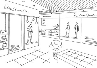 Shopping mall graphic black white interior sketch illustration vector