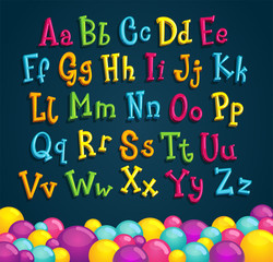 Sticker - children's alphabet. cartoon vector font for children on a dark background with balls