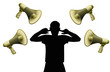 © Peter Hermes Furian - Noise pollution. Symbolic for hearing damage, tinnitus, hearing disorder, mental stress or insubordination of a person who refuses to obey orders and covers his ears because of yelling megaphones.