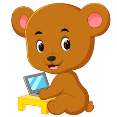 Sticker - cute bear using laptop computer