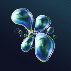 Aufkleber - Set of realistic transparent colorful soap bubbles in the deformation. Water spheres with air, soapy balloons, lather, suds, soapsuds. Glossy Foam Balls with bright reflex. Vector 3d illustration.