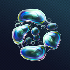 Aufkleber - Set of realistic transparent colorful soap bubbles in the deformation. Water spheres with air, soapy balloons, lather, suds, soapsuds. Glossy Foam Balls with bright reflex. Vector 3d illustration.