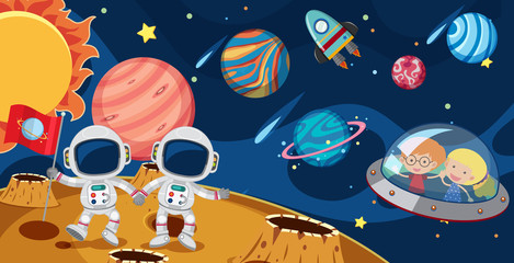 Wall Mural - Astronauts and kids in UFO