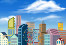 City Scene With Many Buildings And Ferris Wheel