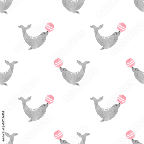 Seamless circus pattern with watercolor seal with ball. Vector childish backg...