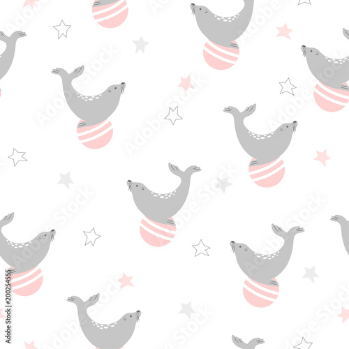 Cotton fabric Seamless circus pattern with seal on ball. Vector childish background.
