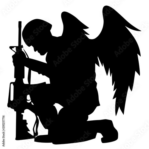 Fotografie, Obraz Military Angel Soldier With Wings Kneeling Silhouette Vector Illustration