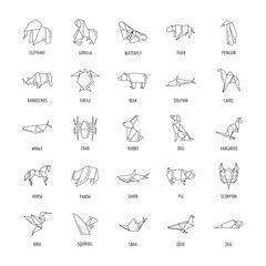 Japanese origami paper animals vector line icons set. Set of origami animal shape geometric illustration isolated on white background