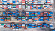 Top view aerial photo of stack of freight containers in rows, Containers in export and import business and logistics, Shipping cargo to harbor by crane.