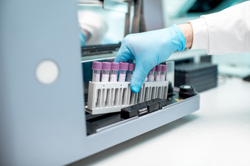 Laboratory assistant putting holder with test tubes into the analyzer machine. Close-up view focused on the tubes