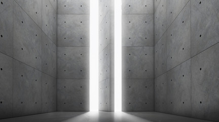 Fototapete - Abstract of architecture space with rhythm of concrete block with sun light cast shadow on the cement floor,3D render	