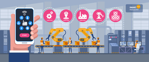 Wall Mural - Smart industry 4.0 infographic. Man connecting with a factory using smartphone and exchanging data with a neural network. Artificial intelligence.