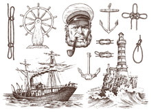 Boatswain With Pipe. Lighthouse And Sea Captain, Marine Sailor, Nautical Travel By Ship. Engraved Hand Drawn Vintage Style. Summer Adventure. Seagoing Vessel And Rope Knots. Boat Wheel And Anchor.