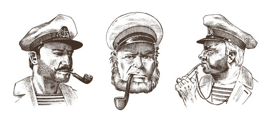 Boatswain with pipe. Portrait of a sea captain, Marine old sailor or bluejacket, whistle and seaman with beard or men seafarer. travel by ship or boat. engraved hand drawn in old vintage sketch.