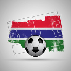 Gambia flag soccer background with grunge flag, football pitch and soccer ball