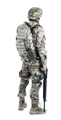 Wall Mural - Male soldier with machine gun on white background. Military service