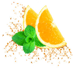 Poster - orange juice splash and mint isolated on white