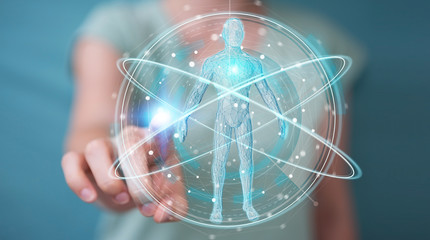 Poster - Businesswoman using digital x-ray human body scan interface 3D rendering
