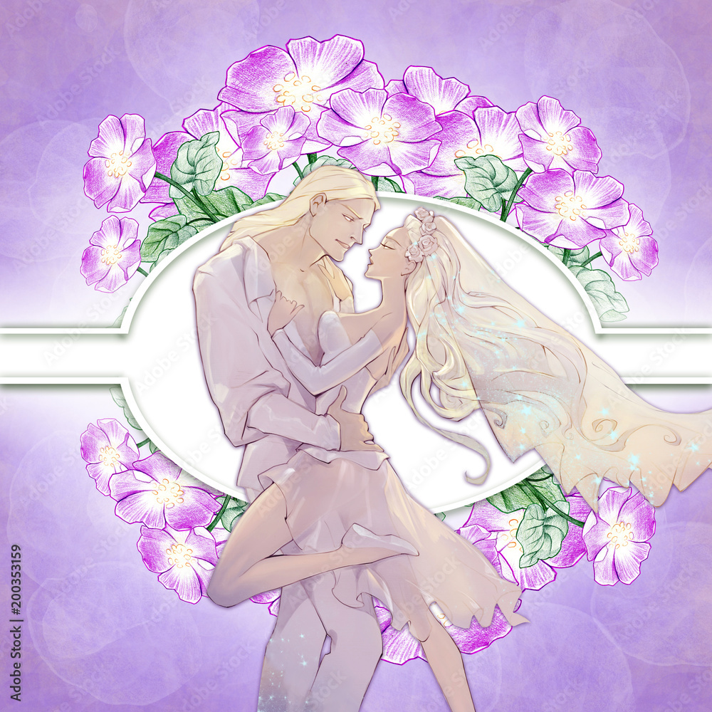 Beautiful anime cartoon wedding illustration of a young couple just married  on an abstract background Stock Illustration | Adobe Stock, image size:1000x1000
