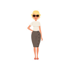 Sticker - Beautiful blonde young woman in fashion outfit vector Illustration on a white background