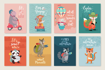 Wall Mural - travel animals card set, hand drawn style,