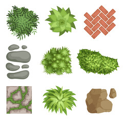 Poster - Flat vector set of landscape elements. Green plants, stones, different types of pathway covers. Top view.