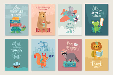 Wall Mural - travel animals card set, hand drawn style,.