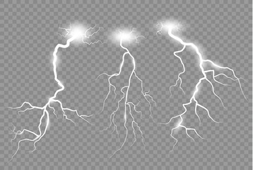 Set of Lightning and thunder-storm. Magic glow and sparkle bright lighting effect . vector illustration.