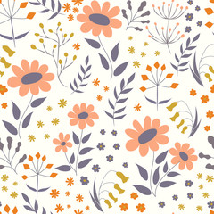 Wall Mural - Vector floral pattern in doodle style with flowers and leaves. Gentle, spring floral background.Vector set of packaging design templates, seamless patterns and frames with copy space. modern