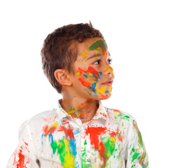 Canvas Print - Funny boy with hands and face full of paint