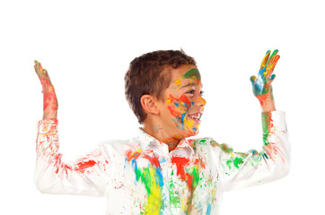 Canvas Print - Funny boy with hands and face full of paint