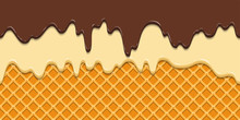 Seamless Pattern. Current Icing And Chocolate On Waffle Texture Background, Waffle Cone With Ice Cream. Cartoon Illustration For Web, Site, Advertising, Banner, Poster, Flyer, Business Card. Vector