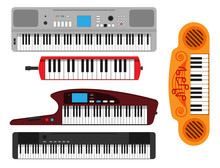 Keyboard Musical Instruments Vector Classical Piano Melody Studio Acoustic Shiny Musician Equipment Electronic Sound Illustration.