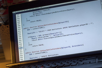 PHP back-end code. Computer programming source code. Abstract screen of web developer. Digital technology modern background. Code is created by myself.