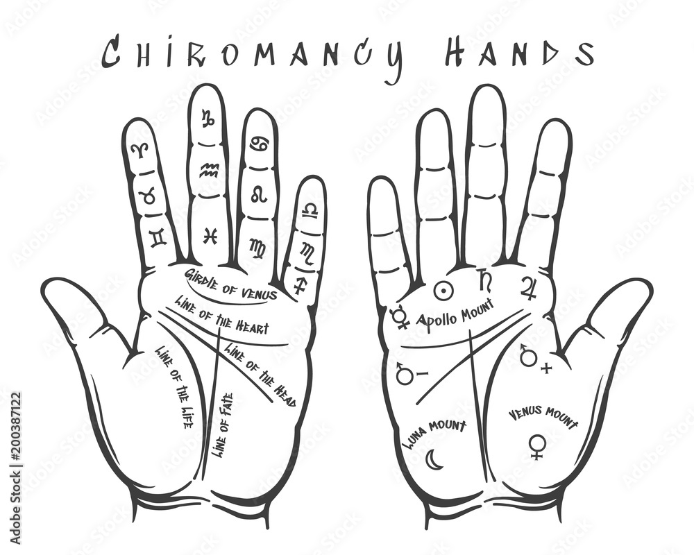 Chiromancy hands. Palmistry astrology mystic psychic hands for tarot cards, occult charts and fate prophecy esoteric vector illustration - obrazy, fototapety, plakaty 