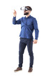 © sharplaninac - Young bearded business man wearing virtual reality using finger on augmented reality touch screen. Full body isolated on white background.
